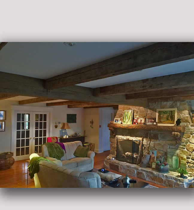 Mahone Bay, NS: prep and painting of ceiling panels, walls, all trim, upper mouldings and doors in this large living room