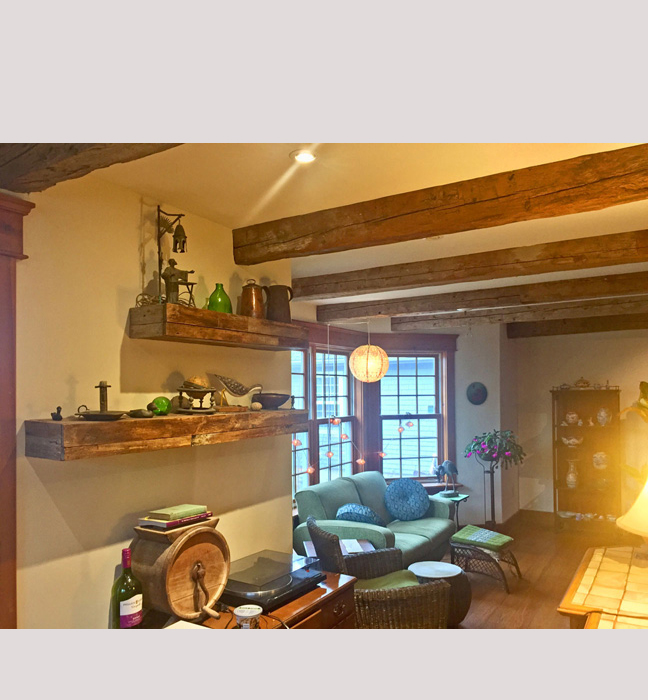 Lunenburg County, NS: This French-country style kitchen received paint finishes for walls, ceilings and sealers for the reclaimed wood throughout.