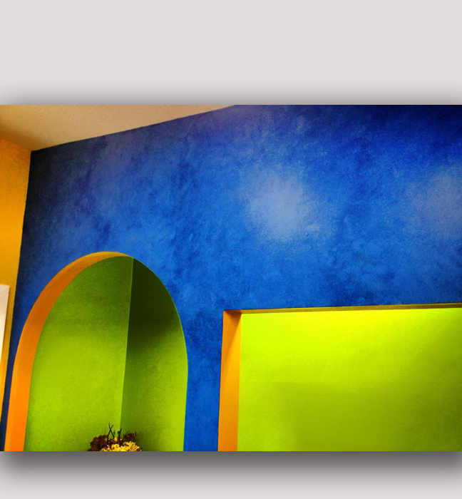 Mahone Bay, NS Main Street shop: Blue on blue glaze finish compliments the exotic fabrics and stones in this new age/wellness shop